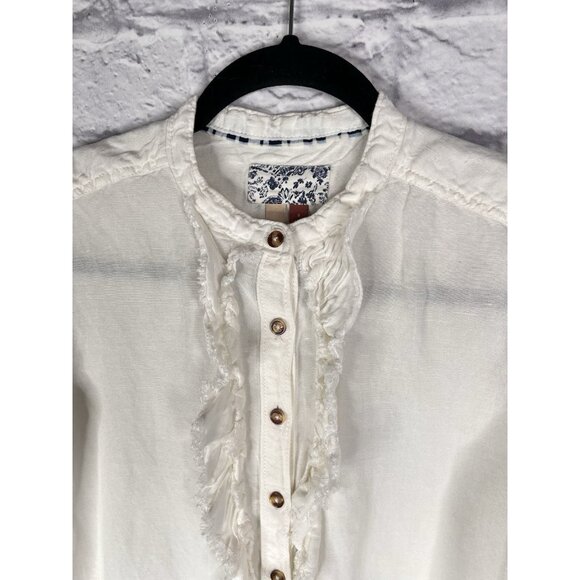 PILCRO Women's White Frayed Ruffle Linen Blend Button Down Blouse Small - Picture 2 of 5